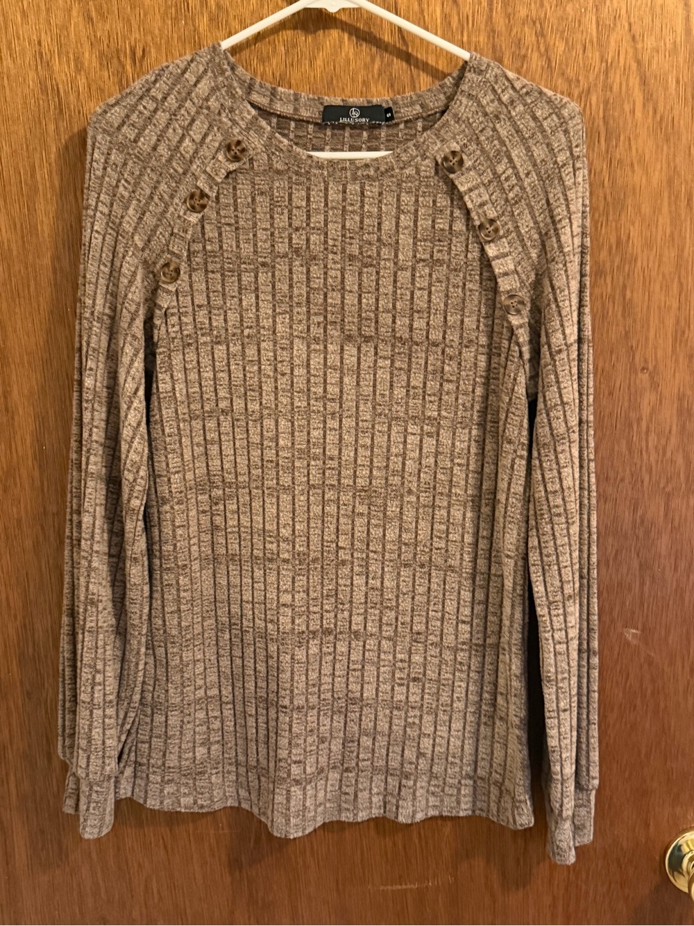 Button-Shoulder Ribbed Brown Sweater